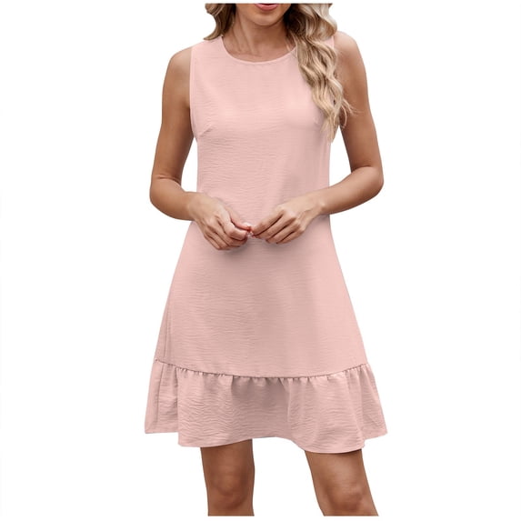 Dealovy Dresses for Women Sleeveless Crew Neck Sundress Ruffle Casual Loose Fitted Flowy Summer Dress