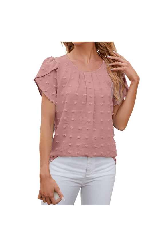 Dressy Casual Tops for Women Petal Short Sleeve Blouses Scoop Neck Pleated Work T-Shirts