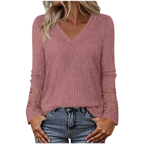 Dealovy Fall Sweaters for Women V Neck Long Sleeve Regular Fitted Casual Shirts for Women Loungewear Blouses