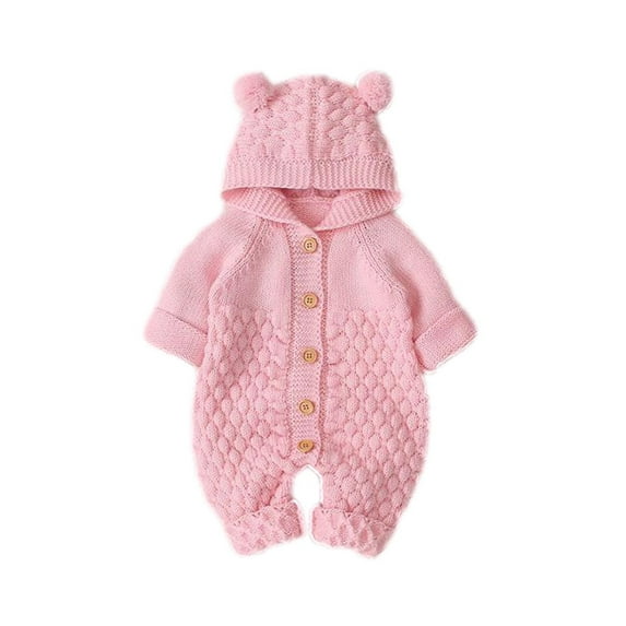 Dealovy Fall Winter Infant Baby Clothes Unisex Knitted Button up Onesie Kids Cotton Rolled-Up Hooded Rompers with Cute Ears