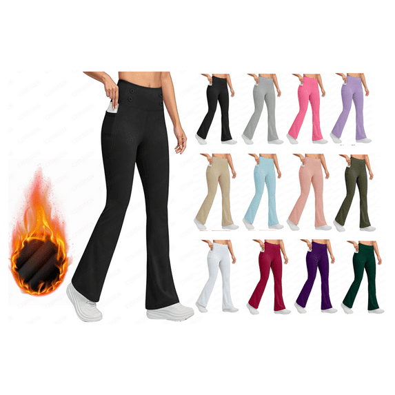 Dealovy Flare Leggings for Women Warm Fleece Lined Yoga Pants Solid Color Button Bootcut Athletic Trousers with Pockets
