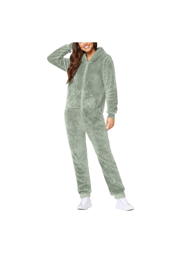 Fleece Jumpsuits Pajamas for Women Plus Size Sherpa Fuzzy Zip up Onesie Sleepwear Hoodies Romper