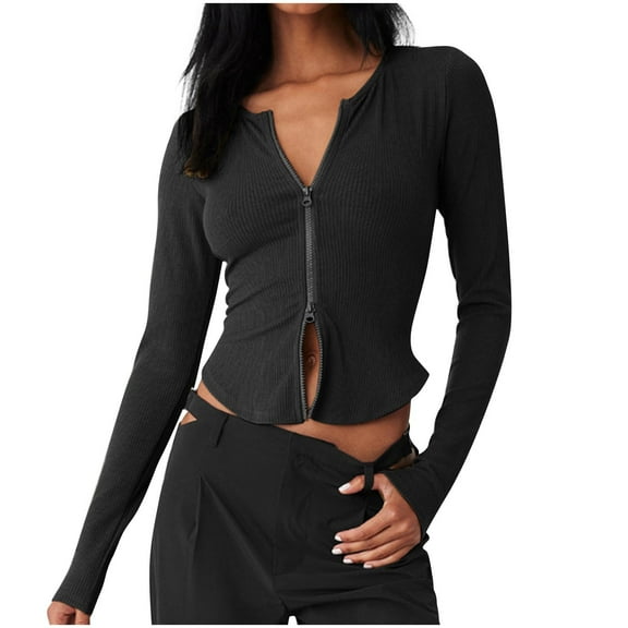 Dealovy Full Zip Tops for Women Casual Solid Color Long Sleeve Double-Ended Zipper Blouse with Curved Bottom Fall Casual Top