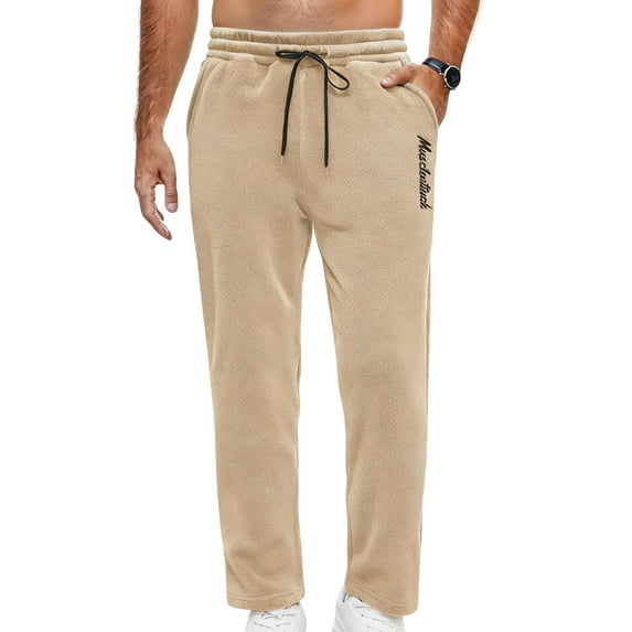 Dealovy Fuzzy Fleece Warm Pants for Men Straight Leg Drawstring Elastic Waist Trousers Homewear Comfy Soft Pants