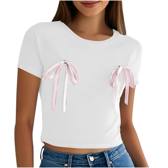 Dealovy Going out Tops for Women Bowknot Short Sleeve Crop T-Shirts Round Neck Summer Basic Tees