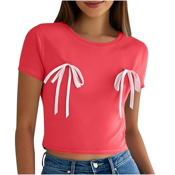 Dealovy Going out Tops for Women Bowknot Short Sleeve Crop T-Shirts Round Neck Summer Basic Tees
