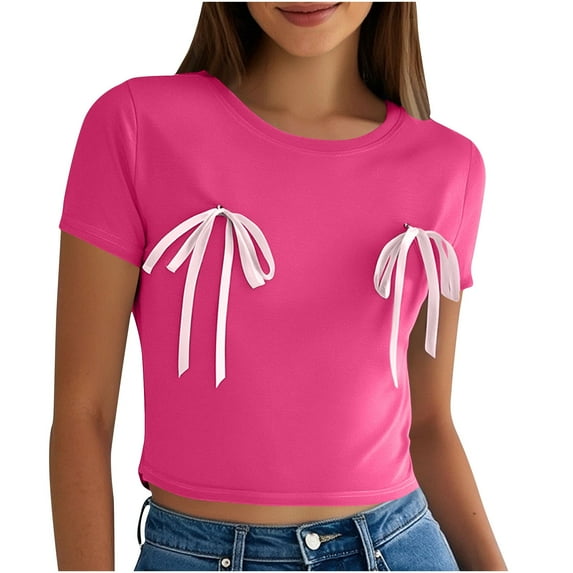 Dealovy Going out Tops for Women Bowknot Short Sleeve Crop T-Shirts Round Neck Summer Basic Tees