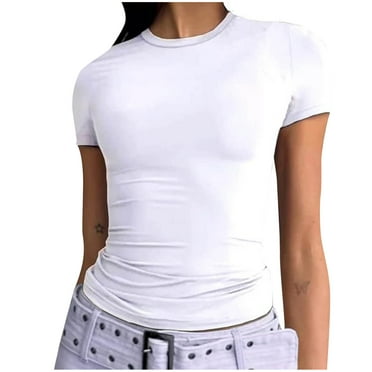 Dealovy Going out Tops for Women Short Sleeve Crewneck Shirts Solid Color Stretchy Slim Fitted T Shirts Basic Tees Top