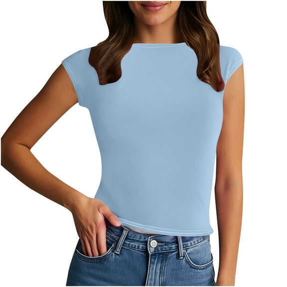 Dealovy Going out Tops for Women Short Sleeve Crewneck T Shirts Stretchy Slim Fitted Solid Basic Tees