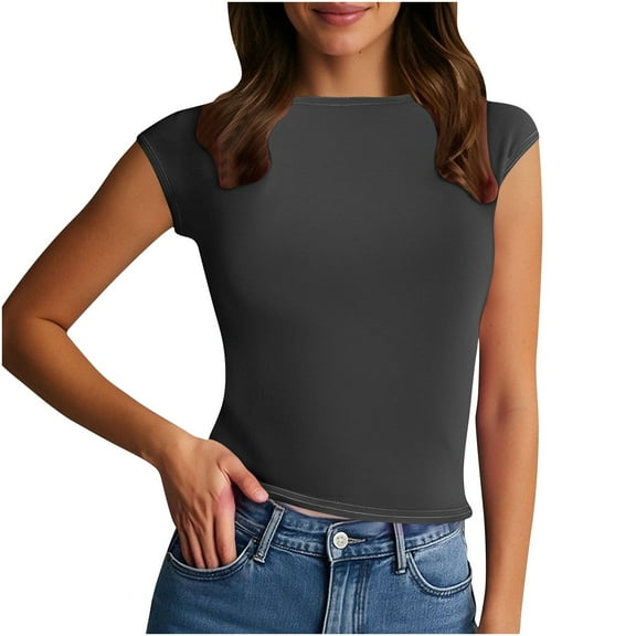 Dealovy Going out Tops for Women Short Sleeve Crewneck T Shirts Stretchy Slim Fitted Solid Basic Tees