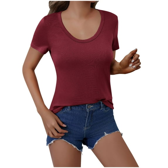 Dealovy Going out Tops for Women Short Sleeve Scoop Neck T Shirts Solid Color Slim Fitted Crop Basic Tees