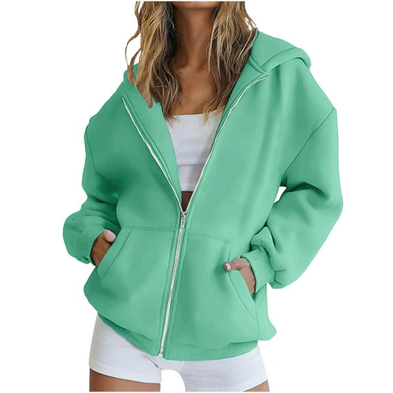 Dealovy Hoodies For Women Long Sleeve Zip up Sweatshirt Jacket Casual Winter Solid Color Hooded Loose Coats with Pockets