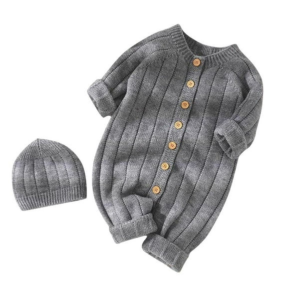 Dealovy Infant Baby Clothes Toddler Fall Knitted Solid Color Onesie Unisex Button up Long Sleeve Romper with Hat Kids 2PCS Comfy Outfit