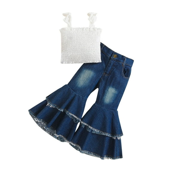 Dealovy Infant Baby Girls 2 Piece Set Sleeveless Crochet Tops Bell Bottom Denim Pants Summer Outfits