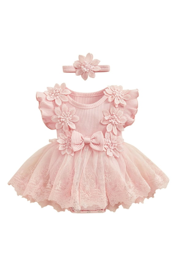 Infant Baby Girls Onesie Newborn Princess Bowknot Dress Kids Romper with Headband Wedding Birthday Party Outfits