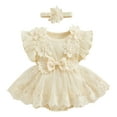 thumbnail image 1 of Dealovy Infant Baby Girls Onesie Newborn Princess Bowknot Dress Kids Romper with Headband Wedding Birthday Party Outfits, 1 of 5
