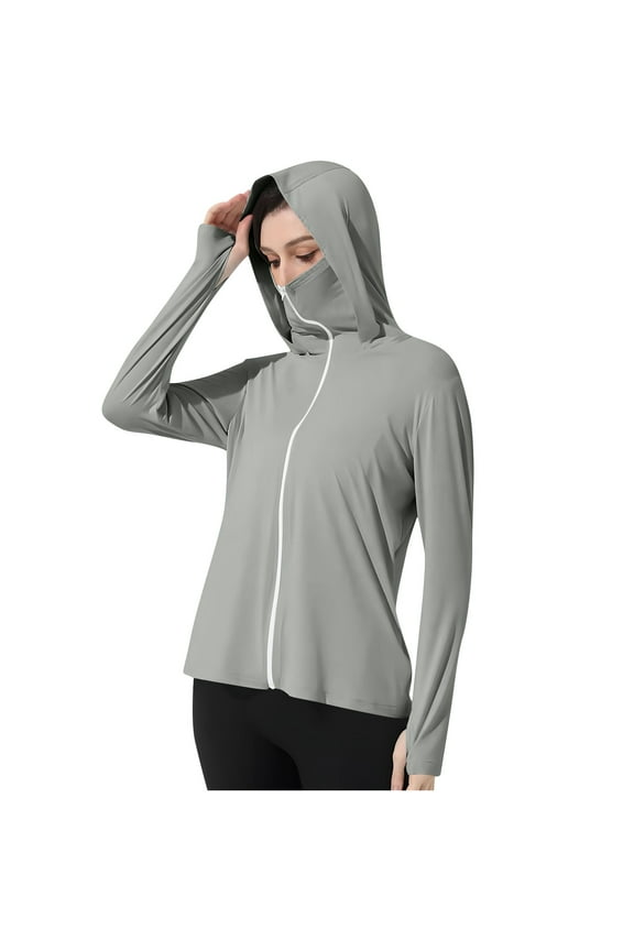 Jackets for Women Zip up Long Sleeve Hooded Protection Jacket with Pockets Solid Color Outdoor Jacket with Face Mask