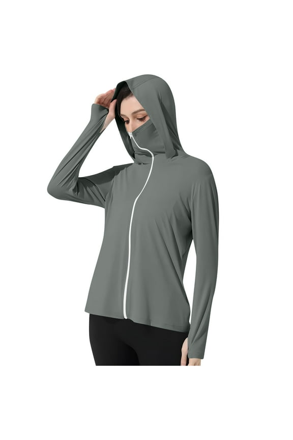 Jackets for Women Zip up Long Sleeve Hooded Protection Jacket with Pockets Solid Color Outdoor Jacket with Face Mask