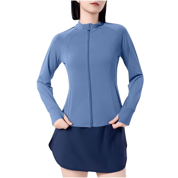 Dealovy Jackets for Women Zip up Long Sleeve Yoga Jacket Solid Color Stand-Up Collar Basic Workout Coat with Thumb Holes Casual Sun-Proof Clothing
