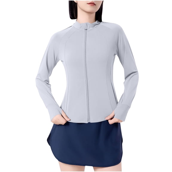 Dealovy Jackets for Women Zip up Long Sleeve Yoga Jacket Solid Color Stand-Up Collar Basic Workout Coat with Thumb Holes Casual Sun-Proof Clothing