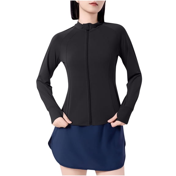Dealovy Jackets for Women Zip up Long Sleeve Yoga Jacket Solid Color Stand-Up Collar Basic Workout Coat with Thumb Holes Casual Sun-Proof Clothing