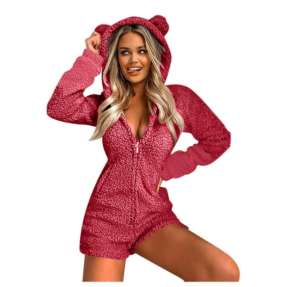 Dealovy Jumpsuit Pajamas Womens Warm Fleece Onesie Shorts Hooded Fuzzy Romper Zipper Sleepwear