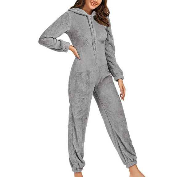 Dealovy Jumpsuit Pajamas for Women Long Sleeve Onesie Sleepwear Winter Warm Plush Hooded Romper with Pockets