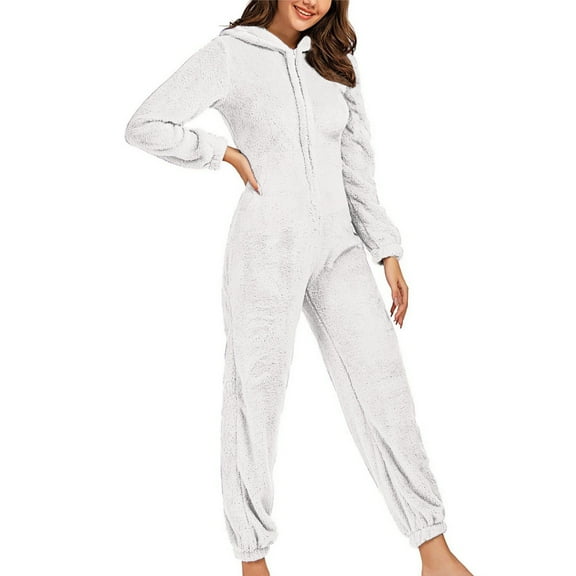 Dealovy Jumpsuit Pajamas for Women Long Sleeve Onesie Sleepwear Winter Warm Plush Hooded Romper with Pockets