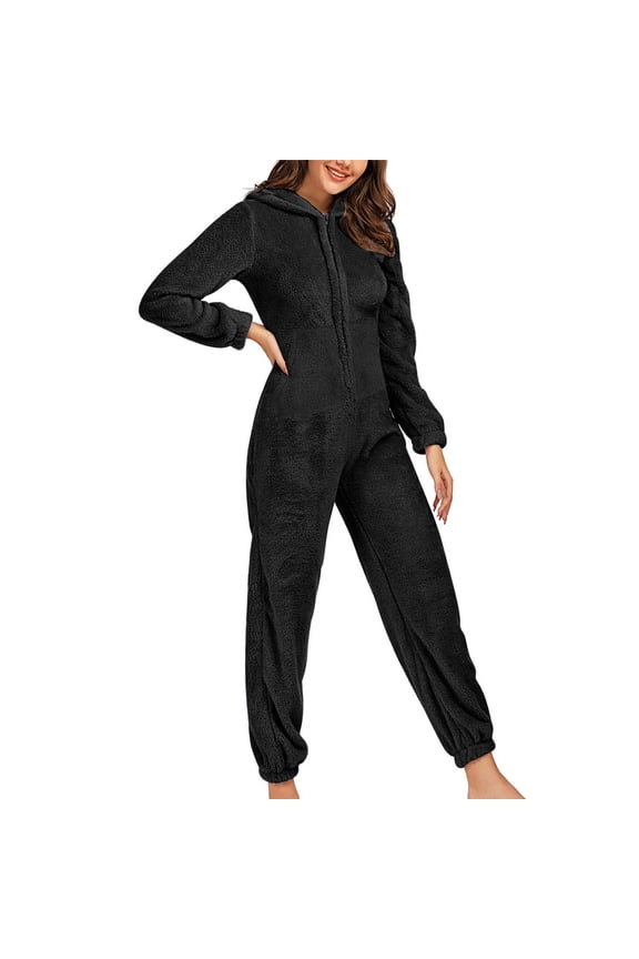 Jumpsuit Pajamas for Women Long Sleeve Onesie Sleepwear Winter Warm Plush Hooded Romper with Pockets