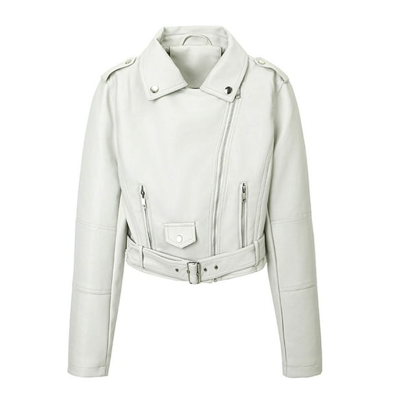 Dealovy Leather Cropped Jacket for Women Zipper Asymmetric Jackets Lapel Neck Belted Outerwear