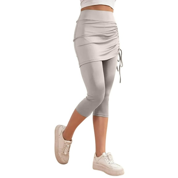 Dealovy Leggings for Women High Waist Drawstring Tie Slim Capri Pants Solid Color Athletic Golf Knee Length Skorts