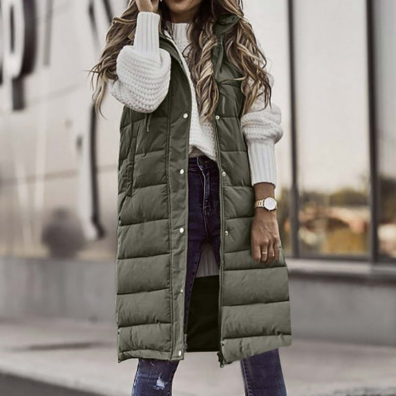 Dealovy Long Puffer Vests Women Plus Size Quilted Hooded Jackets Zip up Sleeveless Outerwear Long Coat