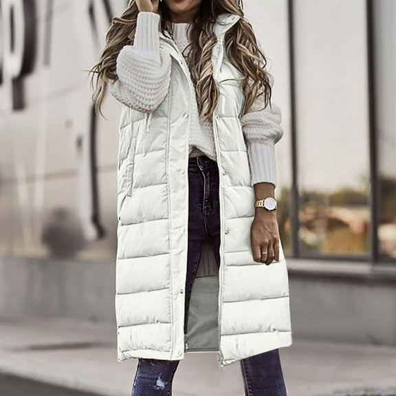 Dealovy Long Puffer Vests Women Plus Size Quilted Hooded Jackets Zip up Sleeveless Outerwear Long Coat