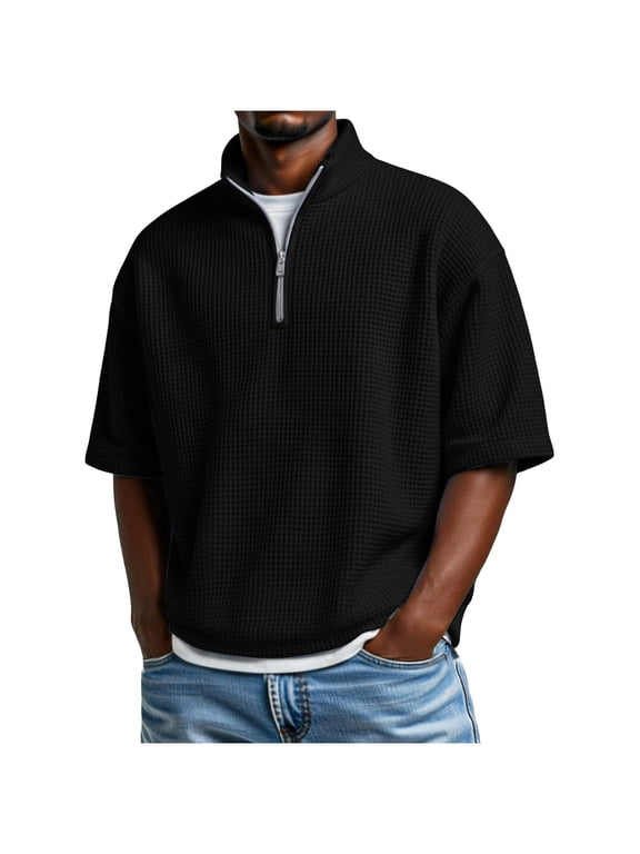 Men's Tops Half Sleeve Stand Neck Quarter Zip Regular Fitted Casual Shirts for Men Solid Color