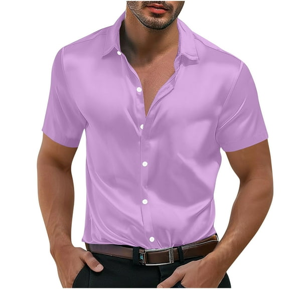 Dealovy Men's and Big Men's Satin Shirts Casual Short Sleeve Button up Lapel Tops Solid Color Blouse with Pockets Size S-5XL