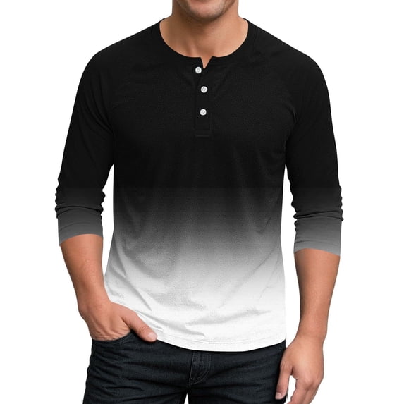Dealovy Mens Shirts 3/4 Sleeve Crewneck Quarter Button Casual Daily Wear Color Blocked Tshirts for Men S-3XL