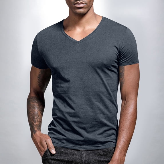 Dealovy Mens T Shirts Summer Casual Drop Shoulder V Neck Fitting Solid Color Tee Shirts Basic Tops,Dark Gray,M