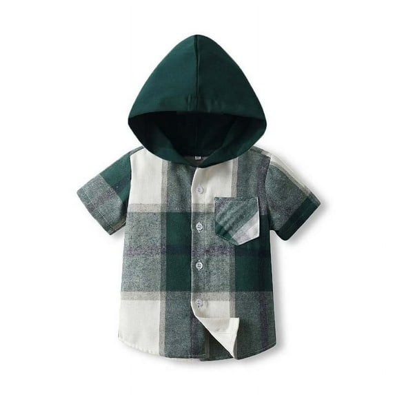 Dealovy Newborn Baby Button down Shirt Hooded Shacket Short Sleeve Plaid Toddler Casual Shirts