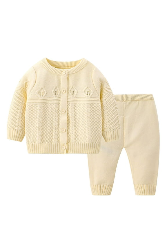 Newborn Infant Baby 2 Piece Cable Knit Sweater Set Button down Cardigan with Pants Winter Warm Clothes