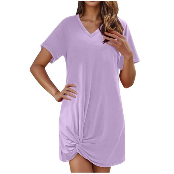 Dealovy Nightgown for Women Short Sleeve Solid Color Soft Sleepwear V Neck Casual Nightshirt Comfy Pajama Dress