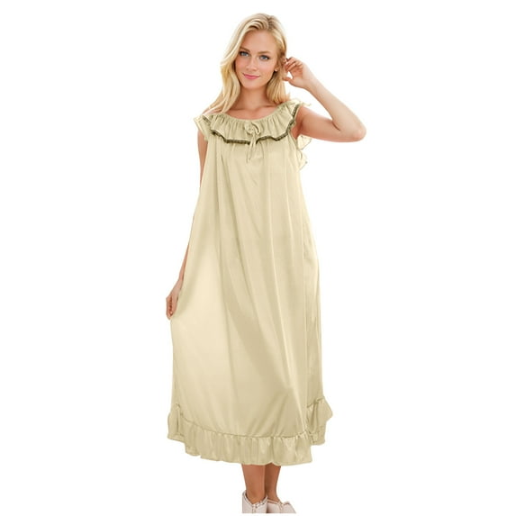 Dealovy Nightgowns for Women Short Sleeve Nightshirts Square Neck Ruffle Full Length Pajama Dress Soft Sleepwear