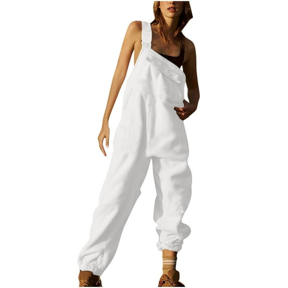 Dealovy Overalls for Women Sleeveless Adjustable Strap Loose Sherpa Fuzzy Fleece Jumpsuits with Pockets