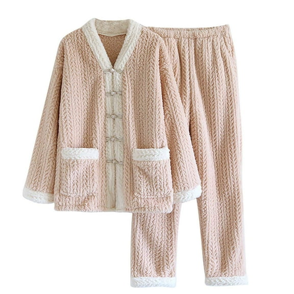 Dealovy Pajama Sets for Women 2 Piece Fleece Fuzzy Shirts with Pants Warm Thick Flannel Sleepwear Outfits
