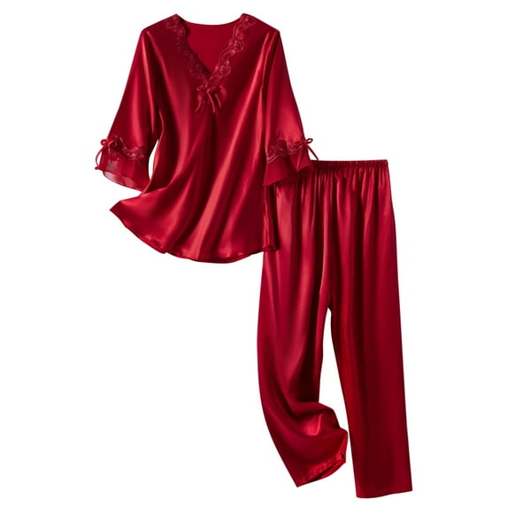 Dealovy Pajamas Set for Women 2 Piece Sets V Neck Top with Pants Loose Fitted Lace Sleepwear Suits