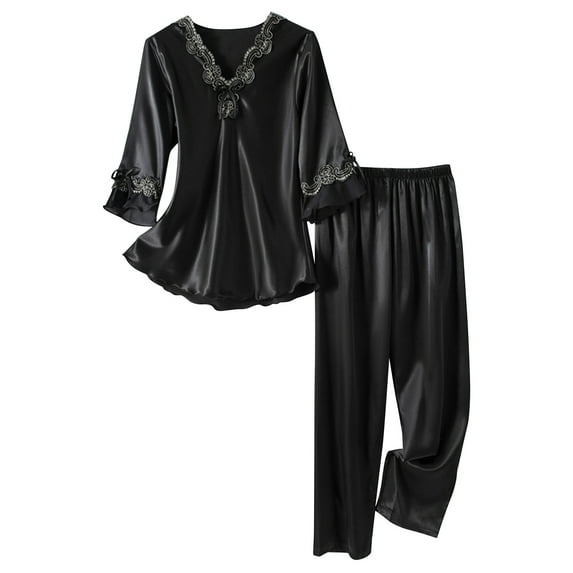 Dealovy Pajamas Set for Women 2 Piece Sets V Neck Top with Pants Loose Fitted Lace Sleepwear Suits