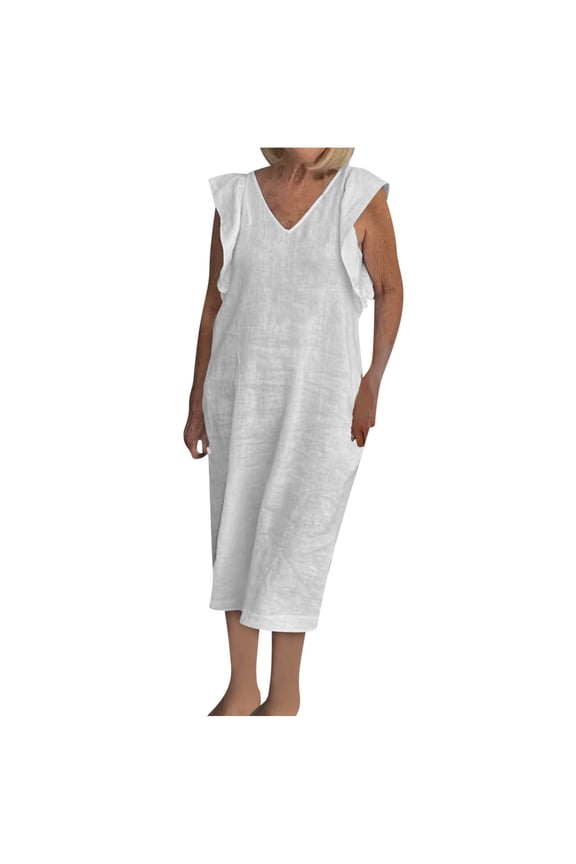 Plus Size Dress for Women Cotton Linen Ruffle Cap Sleeve Midi Dress Casual V Neck Loose Fitted Sundress