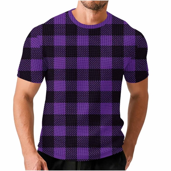 Dealovy Plus Size Mens T Shirts Short Sleeve Crwe Neck Plaid Shirts Casual Gym Workout Tops for Men Color Blocked S-5XL