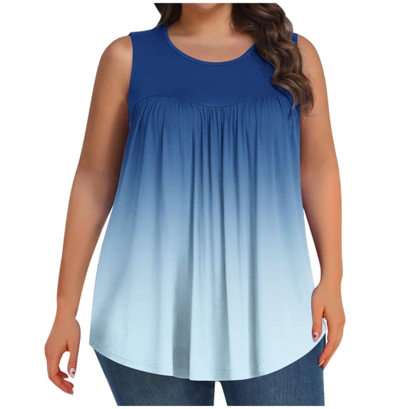 Dealovy Plus Size Tank Tops for Women Casual Sleeveless Crewneck Pleated Dressy Casual Blouses Gradient Color Tunic Top