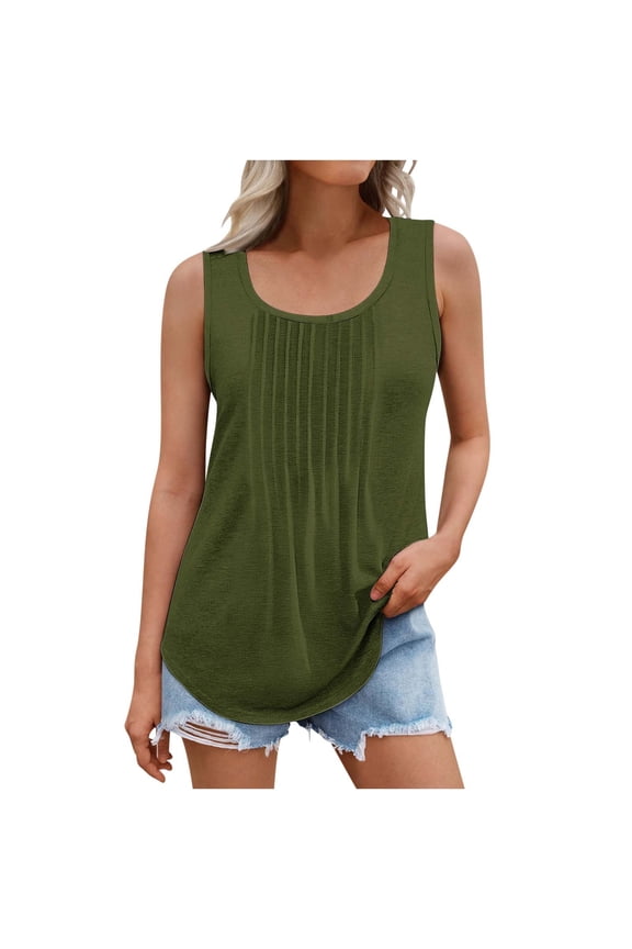 Plus Size Tank Tops for Women Round Neck Pleated Tunic Tops Sleeveless Solid Color Comfy T-Shirts