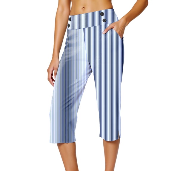 Dealovy Plus Size Yoga Pants for Women Striped Stretchy Capri Pants Daily Pull on Button Trousers with Pockets
